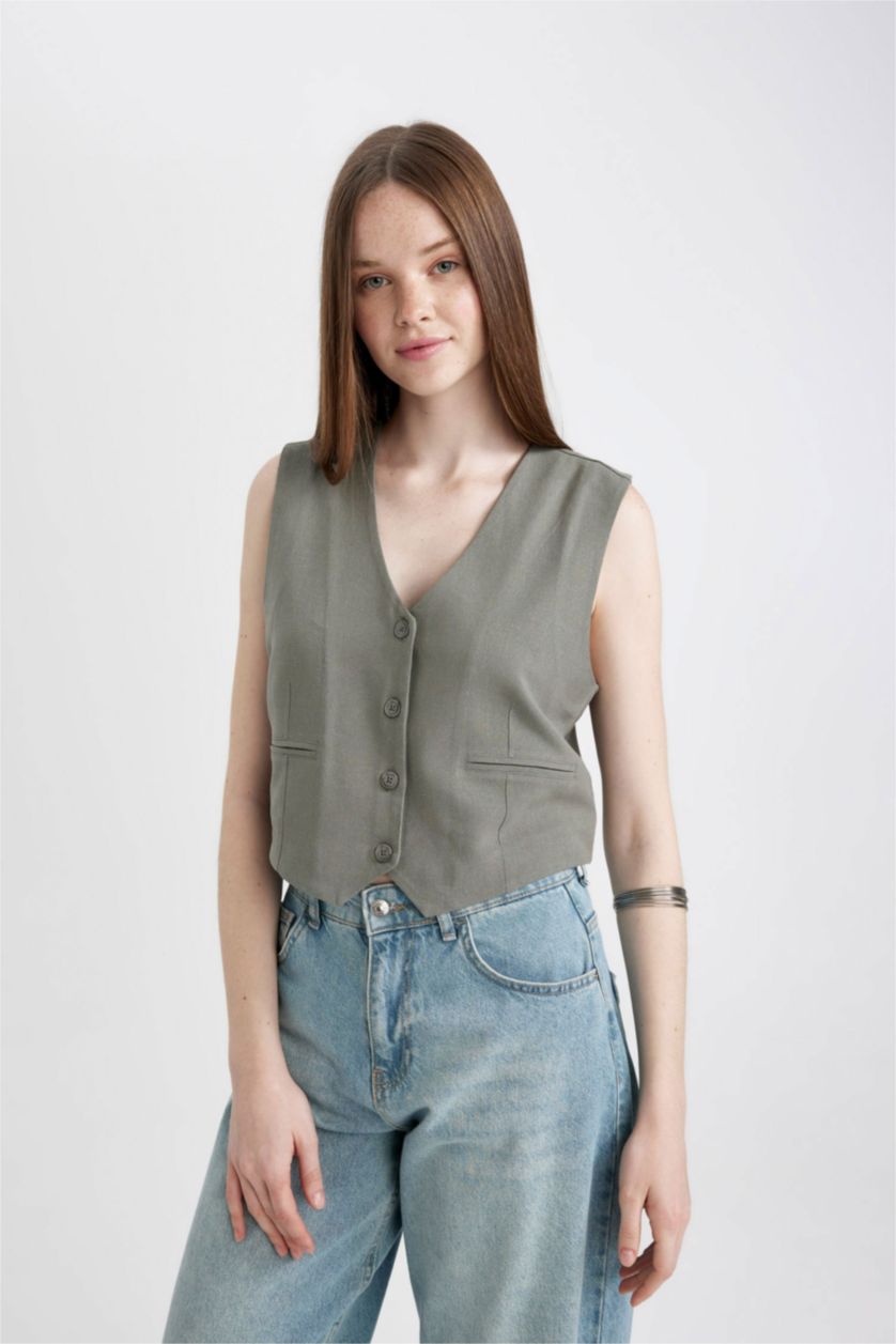 WOMAN Khaki Regular Fit Linen Blend Blazer Vest