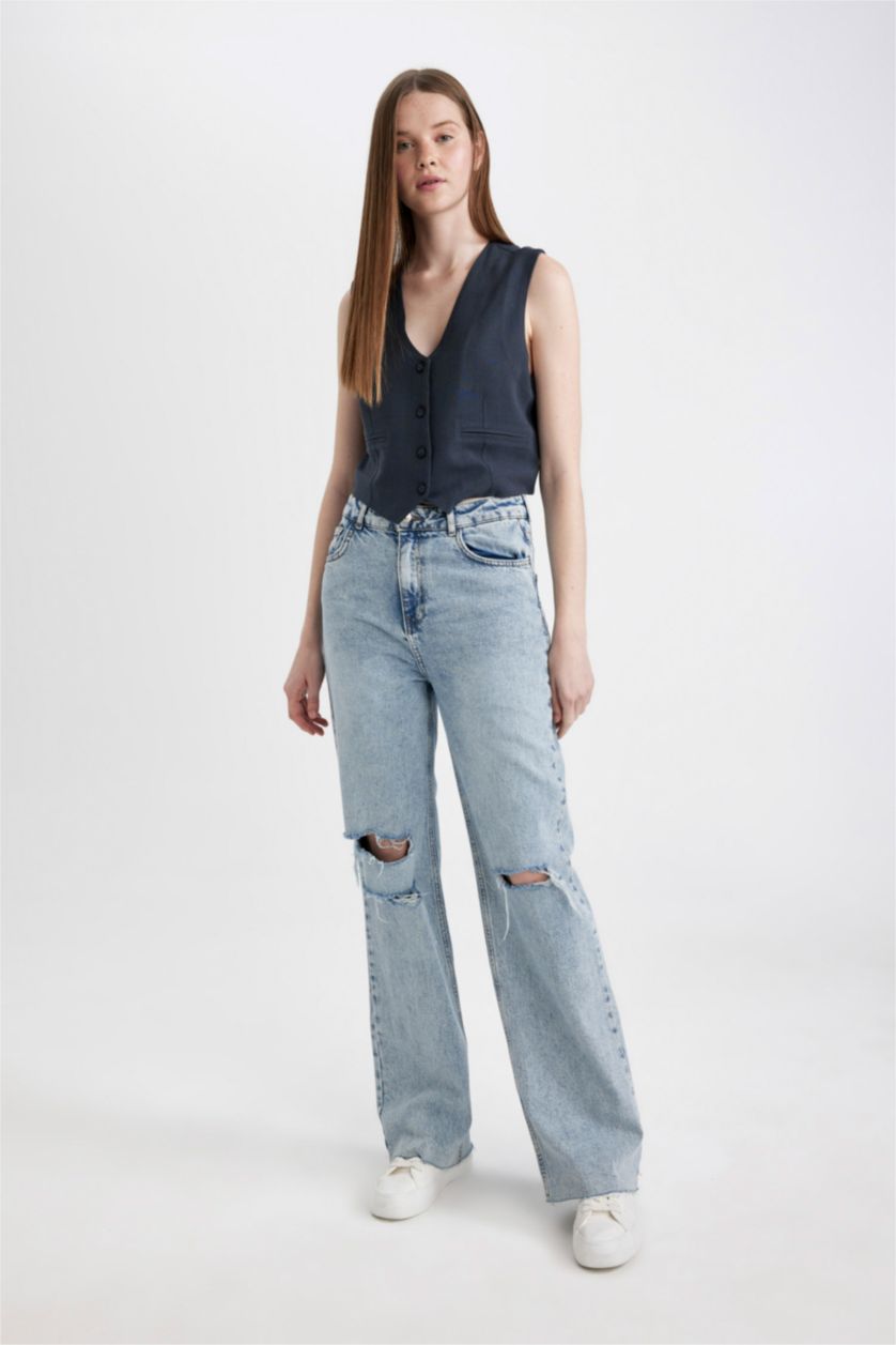 WOMAN Light Navy Regular Fit Linen Blend Blazer Vest