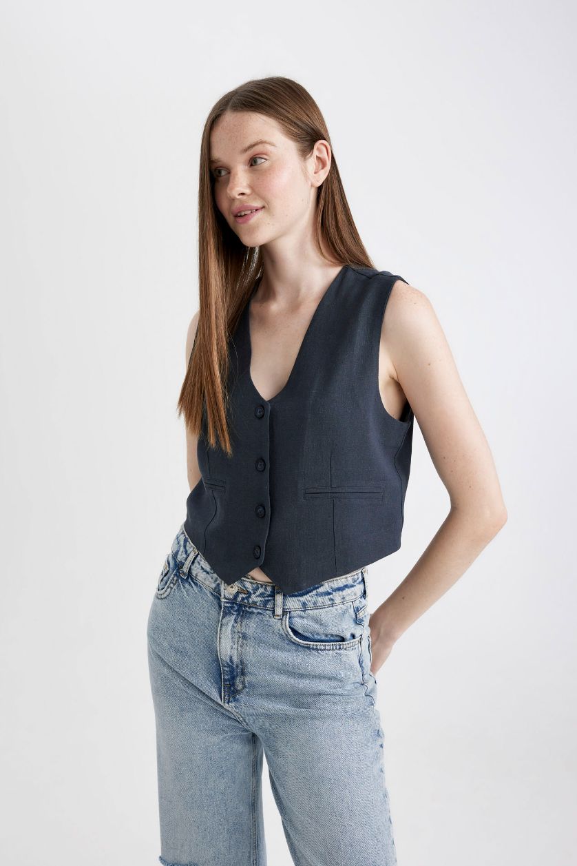 WOMAN Light Navy Regular Fit Linen Blend Blazer Vest