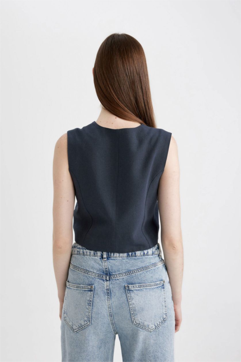 WOMAN Light Navy Regular Fit Linen Blend Blazer Vest