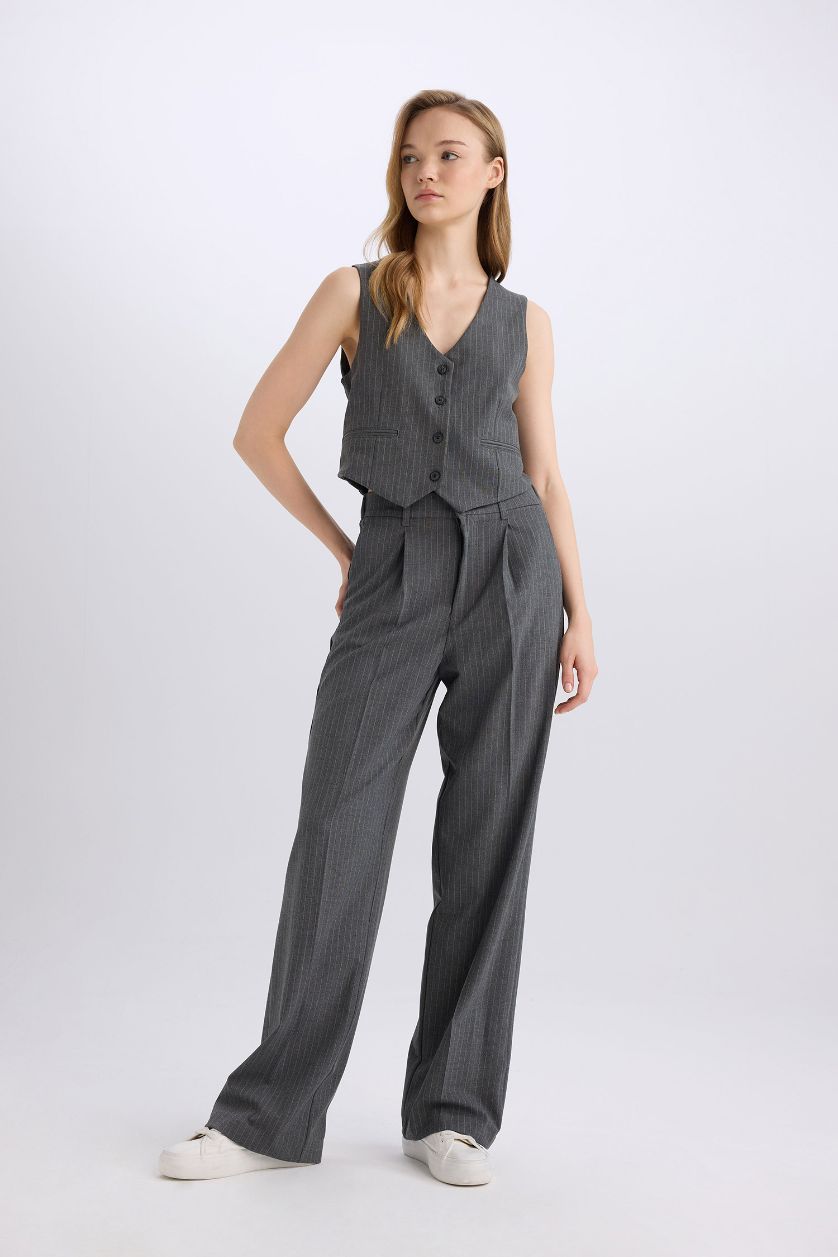 Kadın Antrasit Melanj Regular Fit Crop Basic Düz Düğmeli Blazer Yelek
