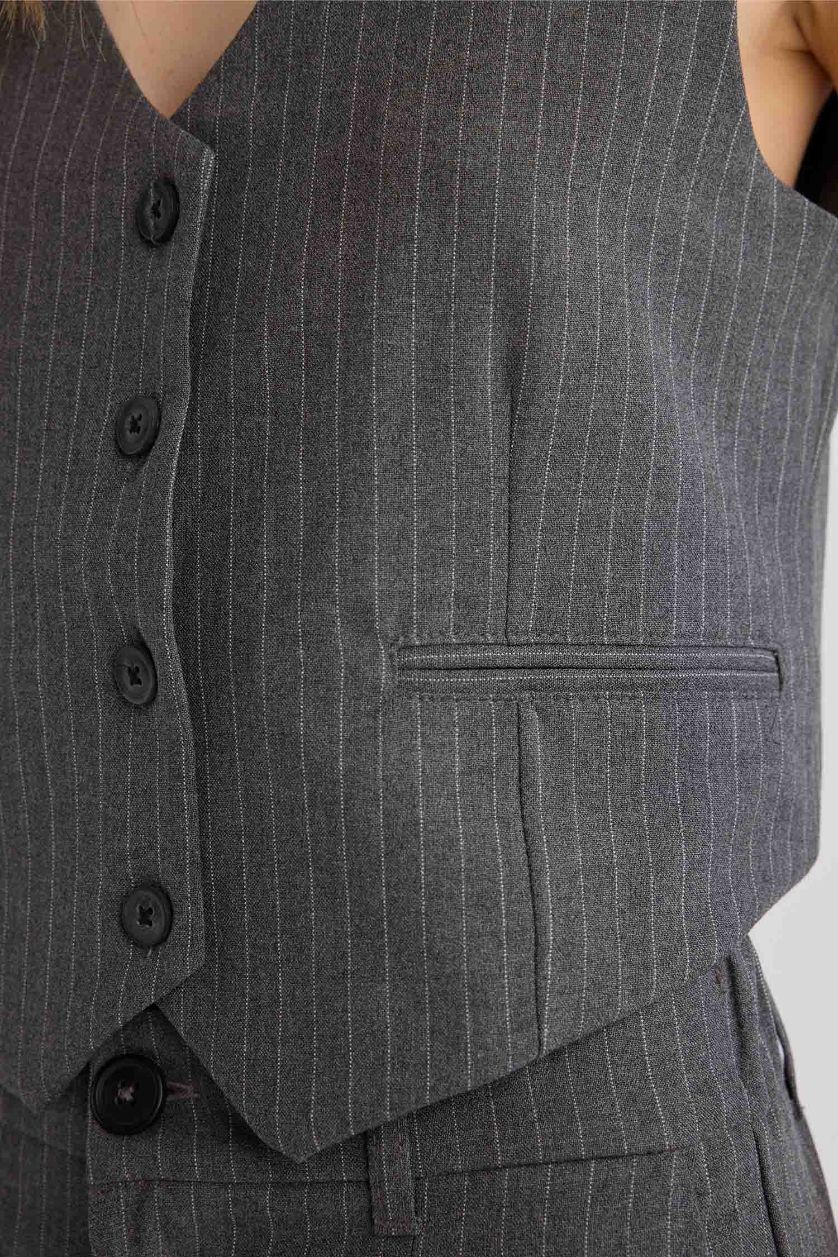 Kadın Antrasit Melanj Regular Fit Crop Basic Düz Düğmeli Blazer Yelek
