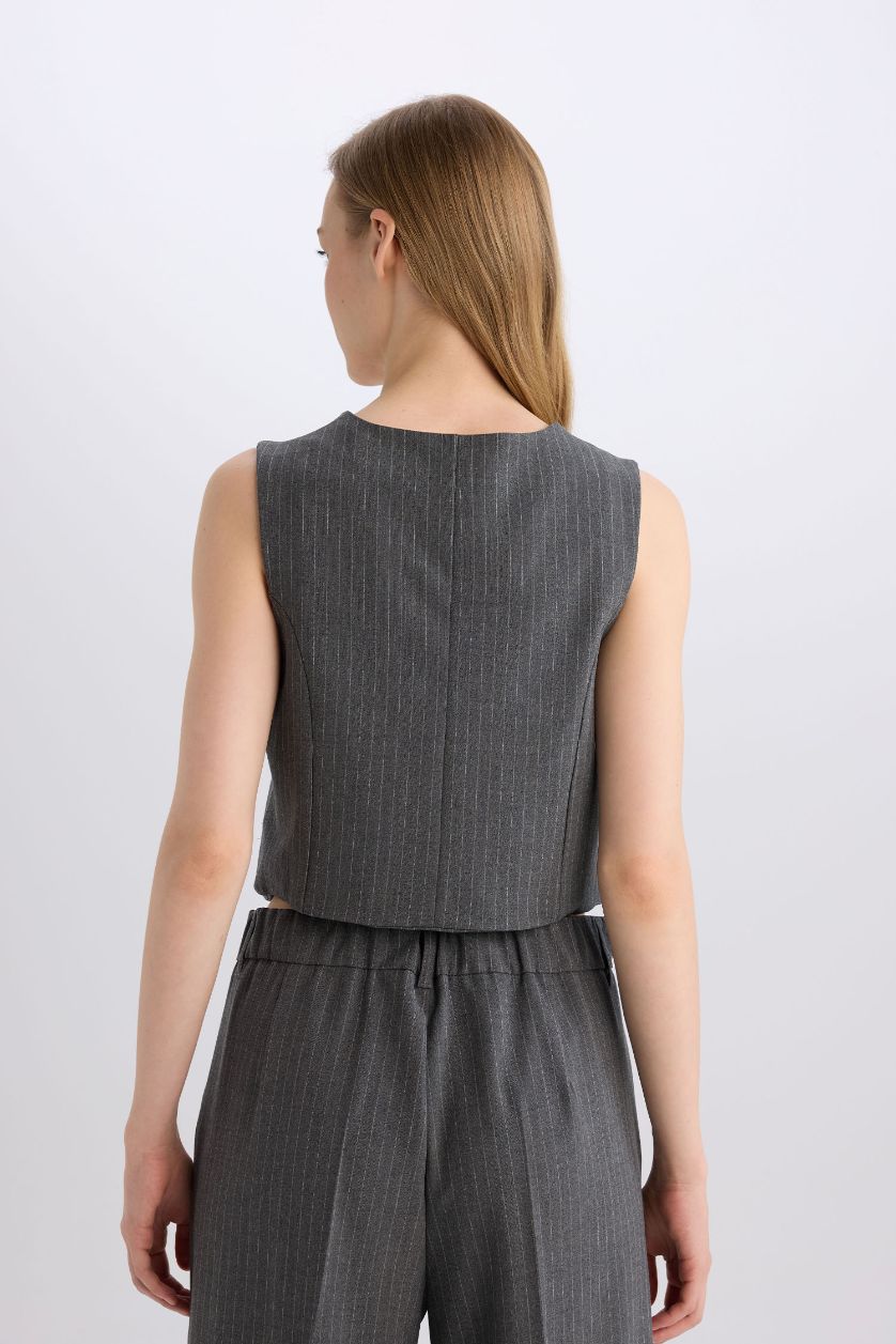 Kadın Antrasit Melanj Regular Fit Crop Basic Düz Düğmeli Blazer Yelek
