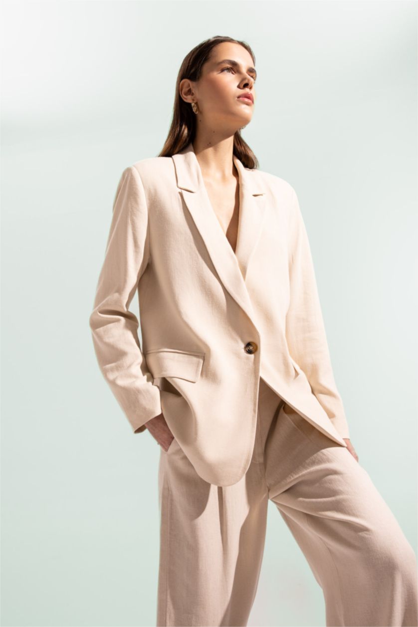 نساء بيج فيست بليزر قصة عادية من مزيج الكتان