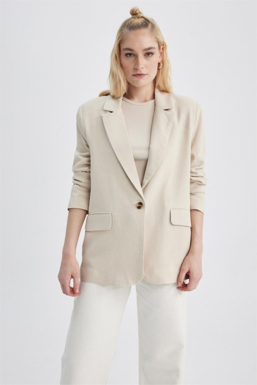 نساء بيج فيست بليزر قصة عادية من مزيج الكتان