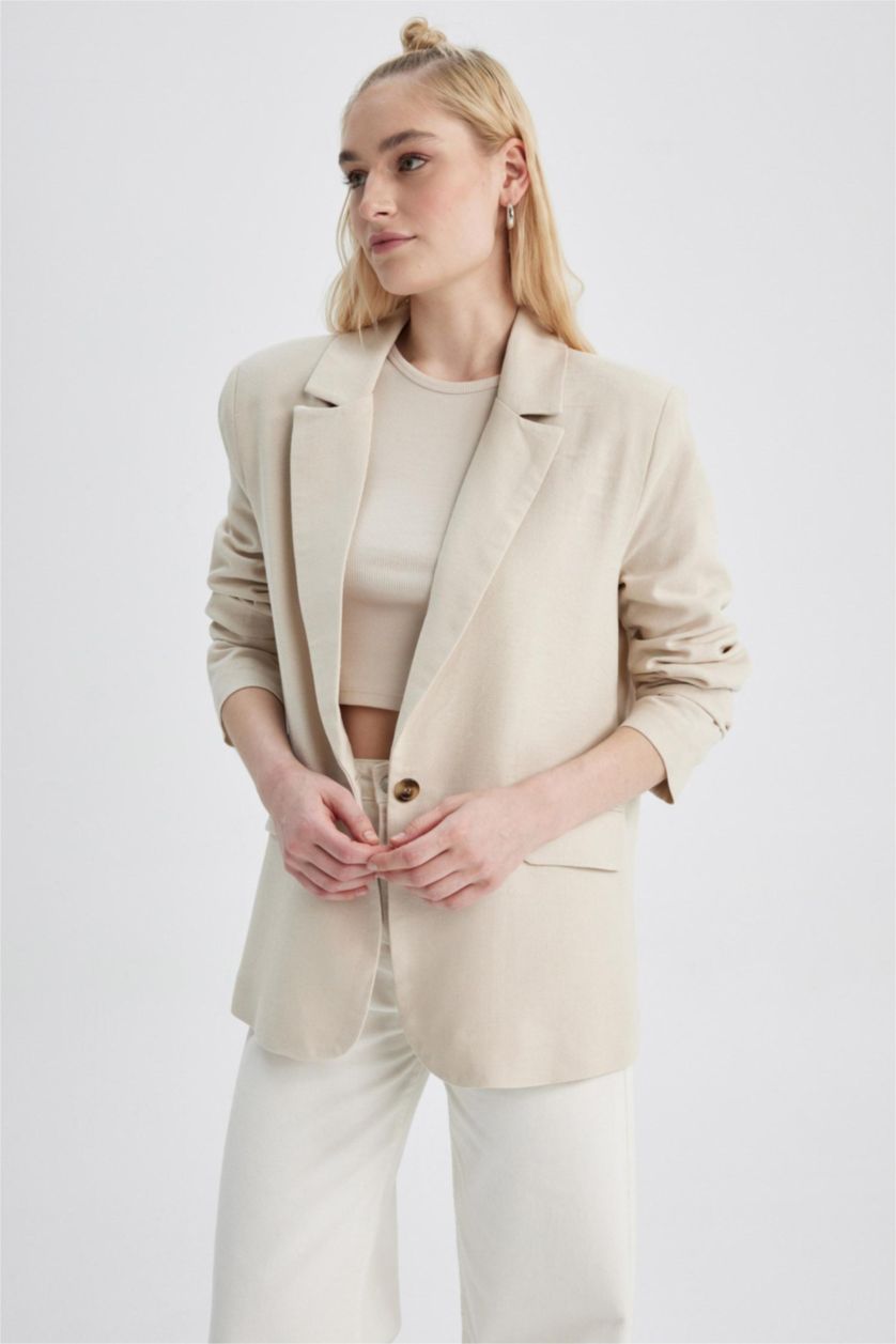 نساء بيج فيست بليزر قصة عادية من مزيج الكتان