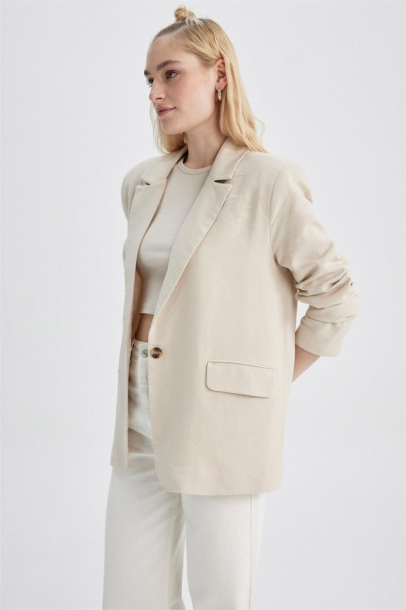 نساء بيج فيست بليزر قصة عادية من مزيج الكتان