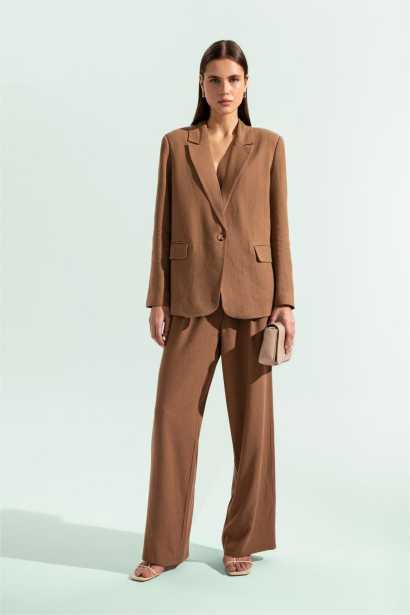 Woman Light Brown Regular Fit Linen Blended Blazer