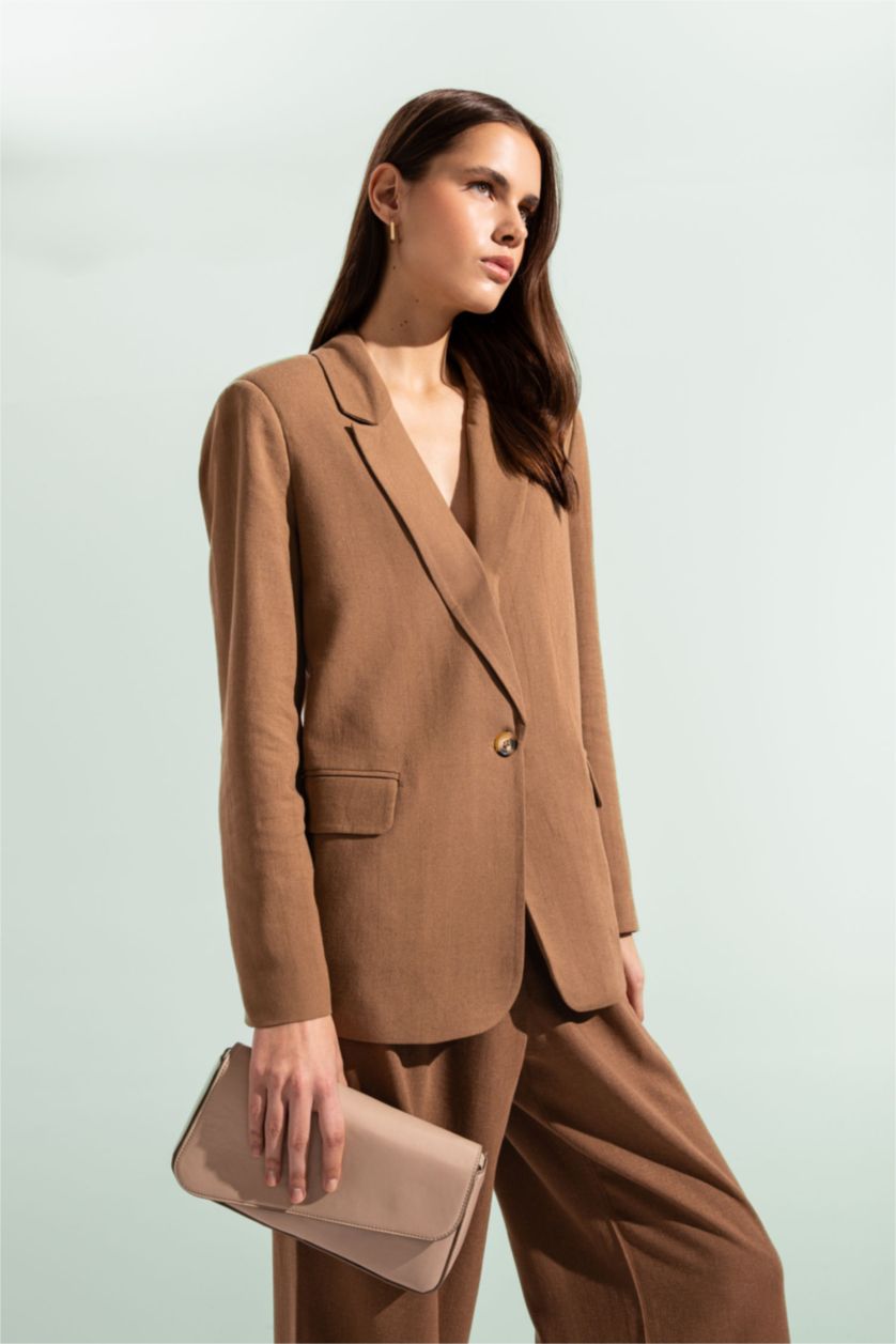 Woman Light Brown Regular Fit Linen Blended Blazer