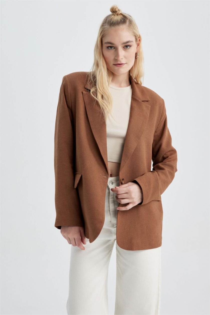 Woman Light Brown Regular Fit Linen Blended Blazer