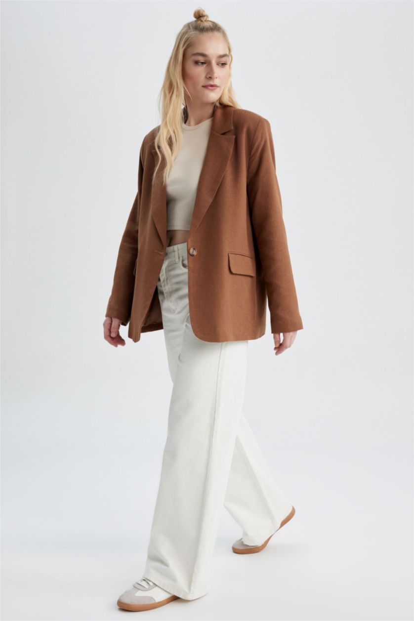 Woman Light Brown Regular Fit Linen Blended Blazer