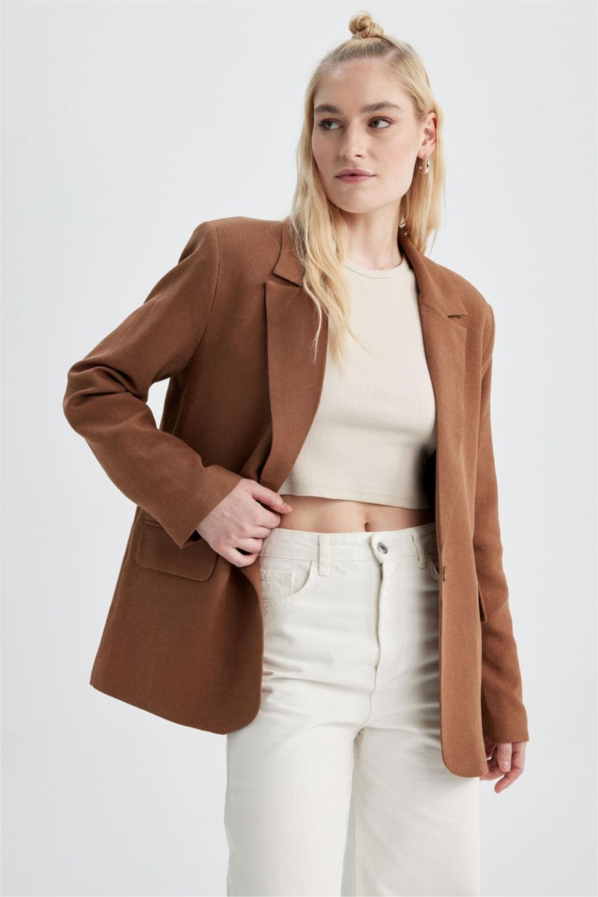 Woman Light Brown Regular Fit Linen Blended Blazer