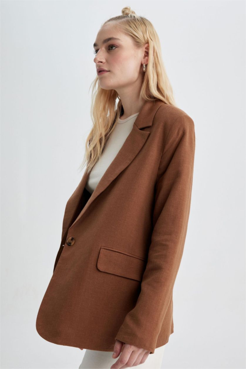 Woman Light Brown Regular Fit Linen Blended Blazer