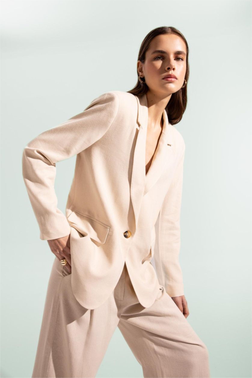 FEMME Beige Veste Blazer en Lin mélangé à coupe classique