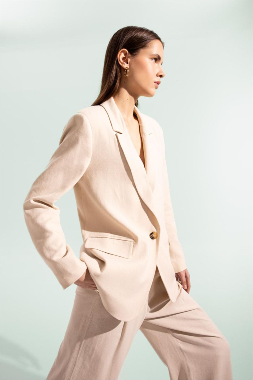 FEMME Beige Veste Blazer en Lin mélangé à coupe classique