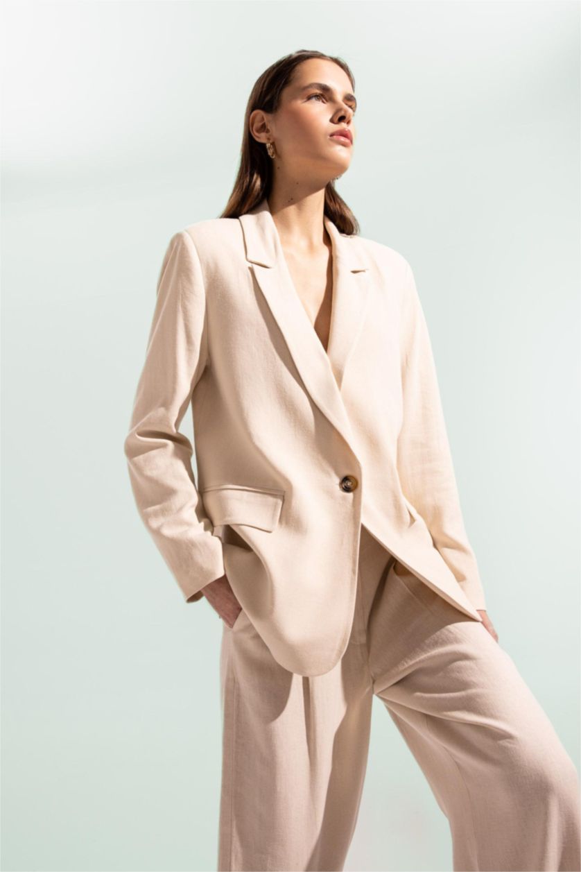 FEMME Beige Veste Blazer en Lin mélangé à coupe classique