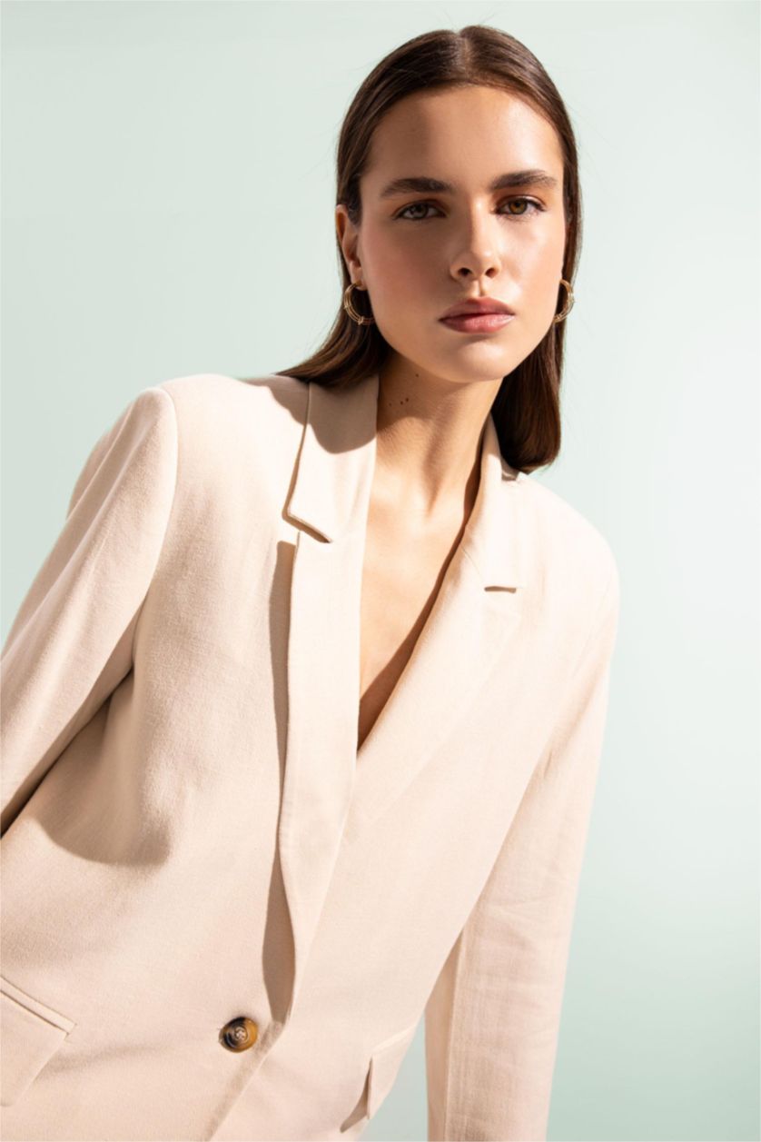 FEMME Beige Veste Blazer en Lin mélangé à coupe classique