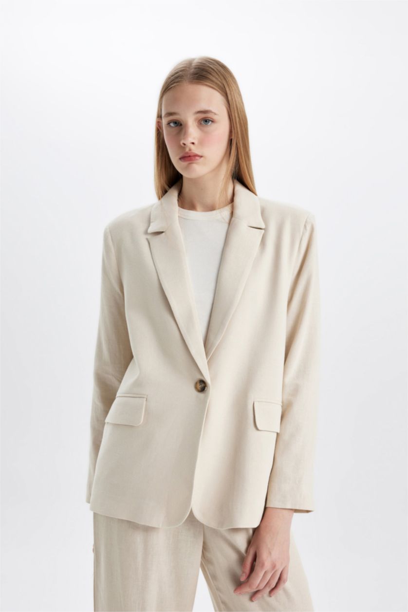 FEMME Beige Veste Blazer en Lin mélangé à coupe classique