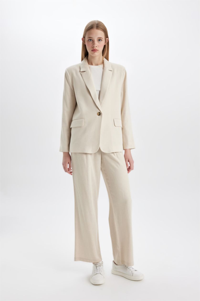 FEMME Beige Veste Blazer en Lin mélangé à coupe classique