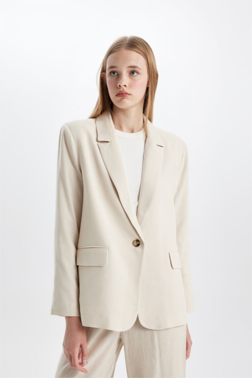 FEMME Beige Veste Blazer en Lin mélangé à coupe classique