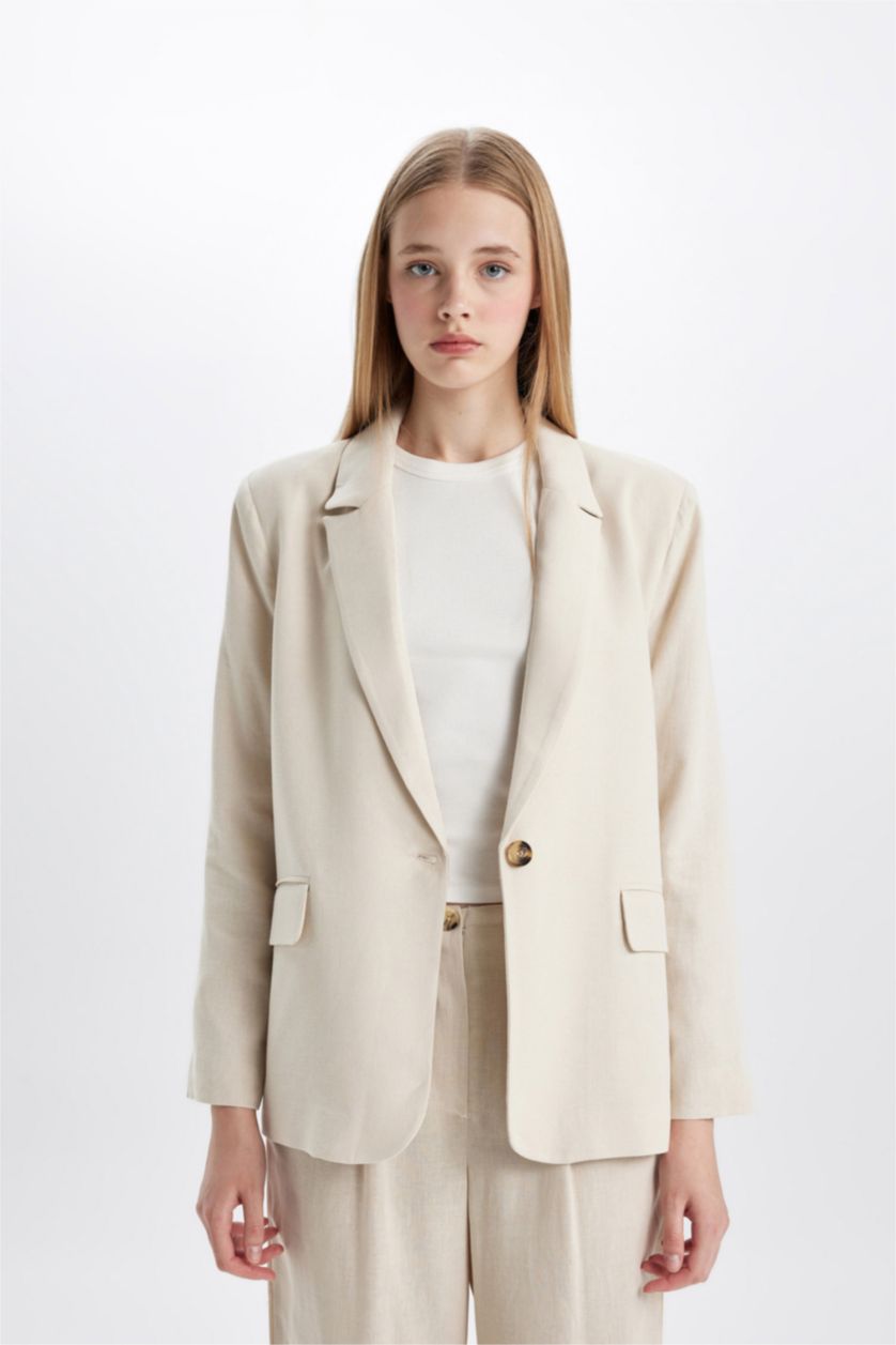 FEMME Beige Veste Blazer en Lin mélangé à coupe classique