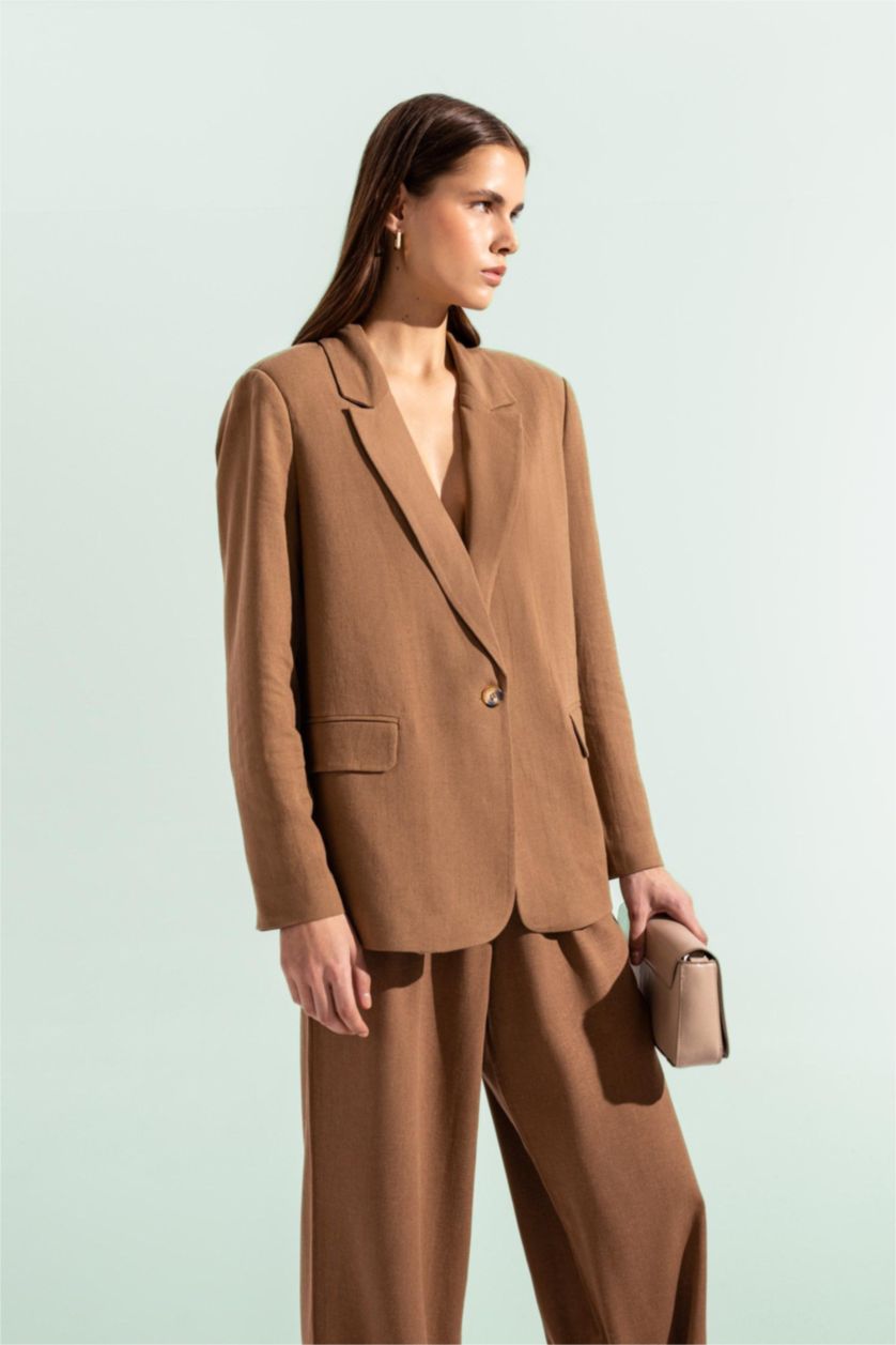 FEMME Marron Veste Blazer en Lin mélangé à coupe classique