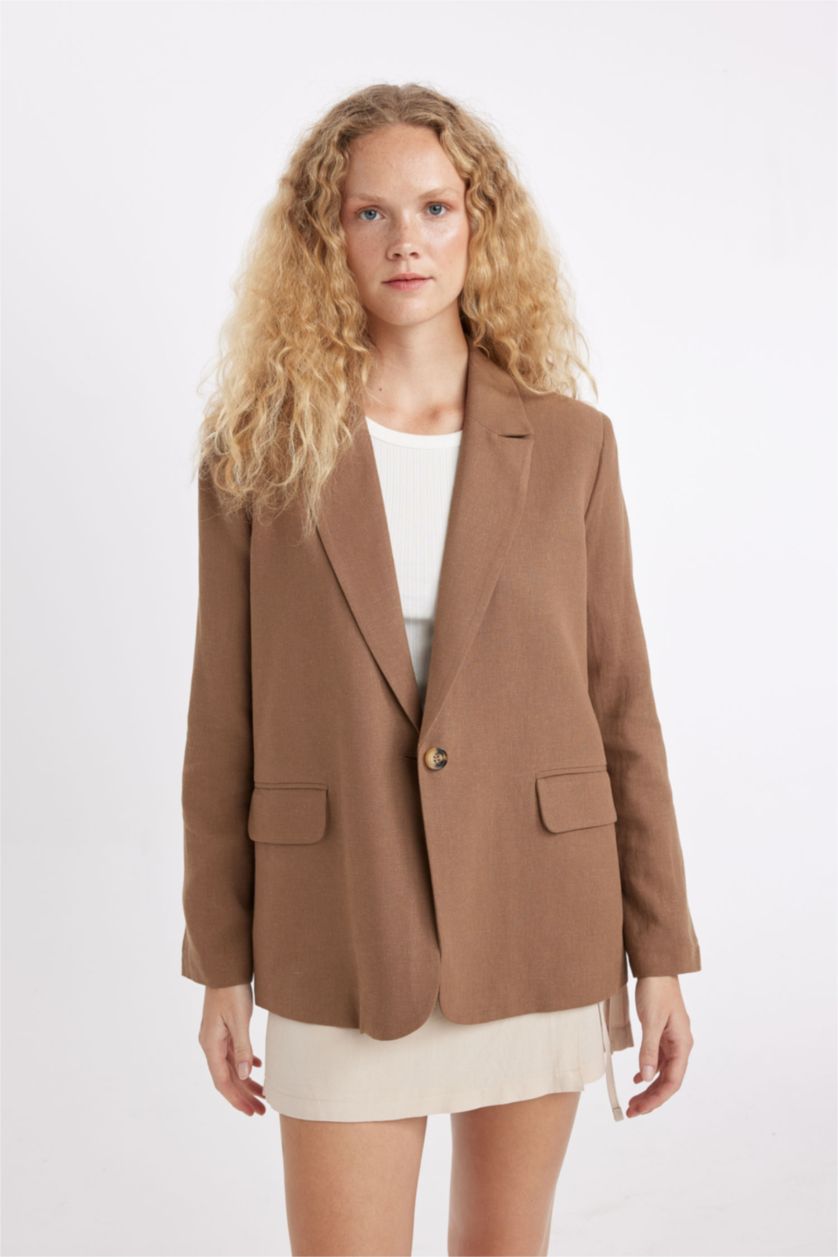FEMME Marron Veste Blazer en Lin mélangé à coupe classique