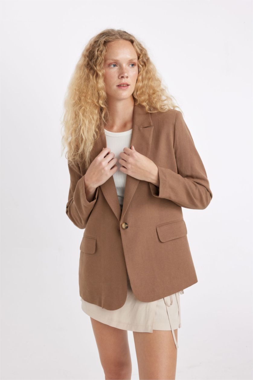 FEMME Marron Veste Blazer en Lin mélangé à coupe classique