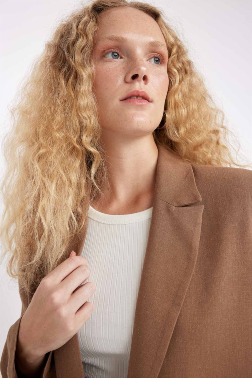 FEMME Marron Veste Blazer en Lin mélangé à coupe classique