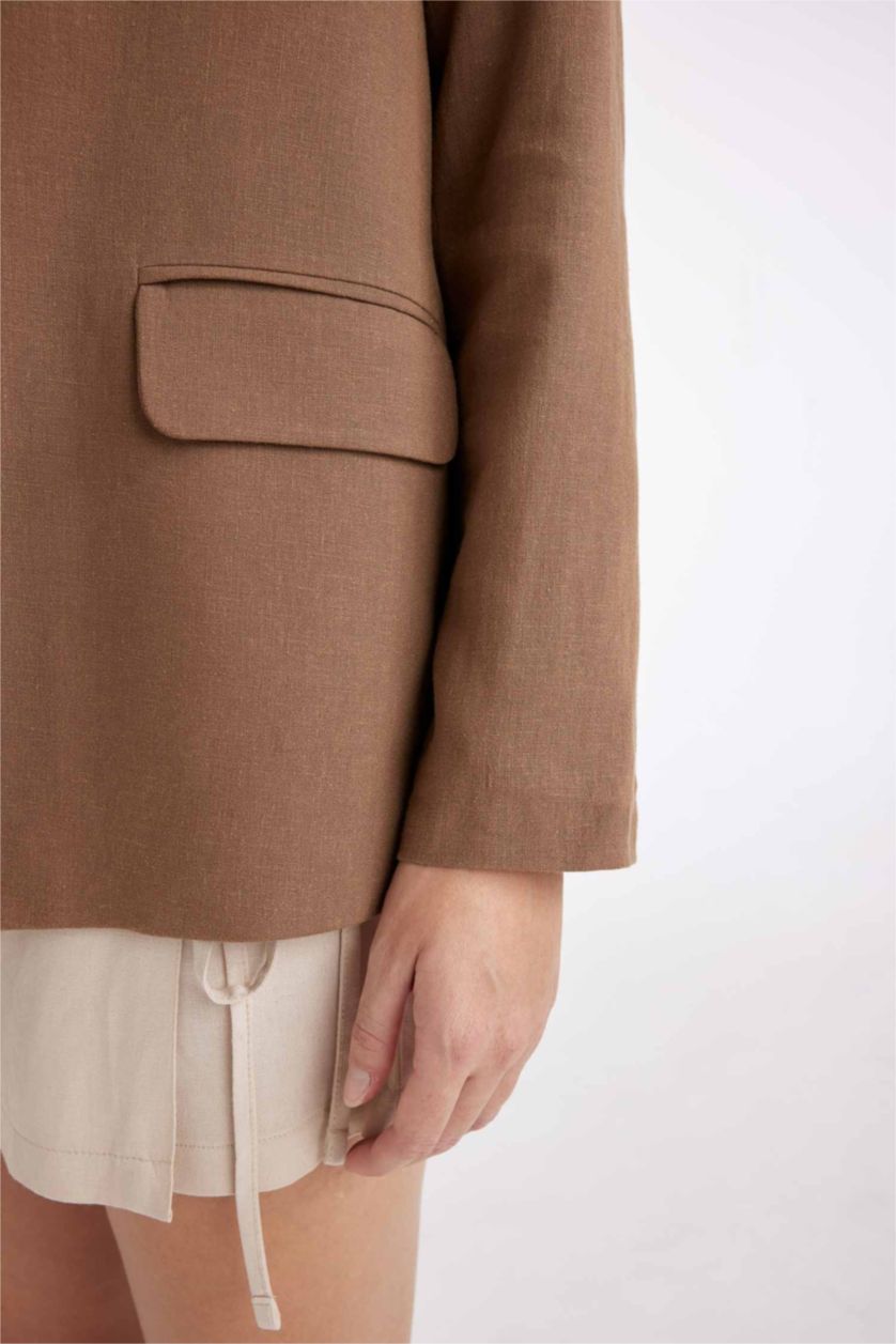 FEMME Marron Veste Blazer en Lin mélangé à coupe classique