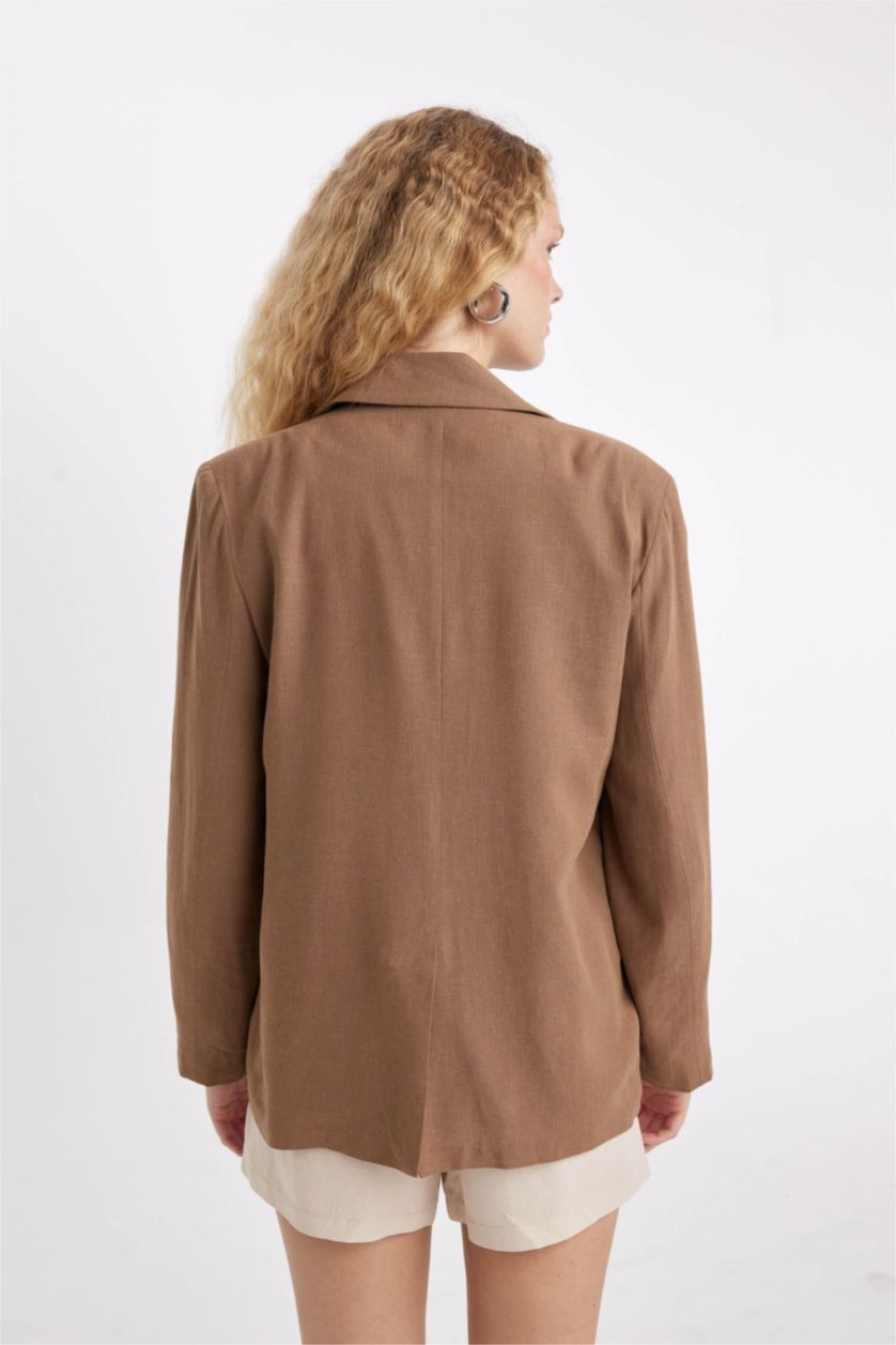 FEMME Marron Veste Blazer en Lin mélangé à coupe classique