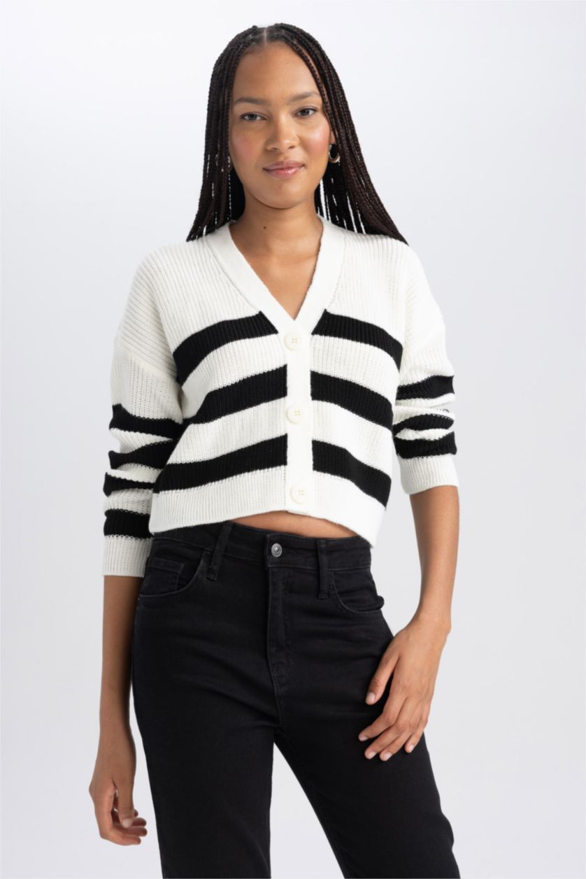 Женщины Бежевый Кардиган в полоску с V-образным вырезом