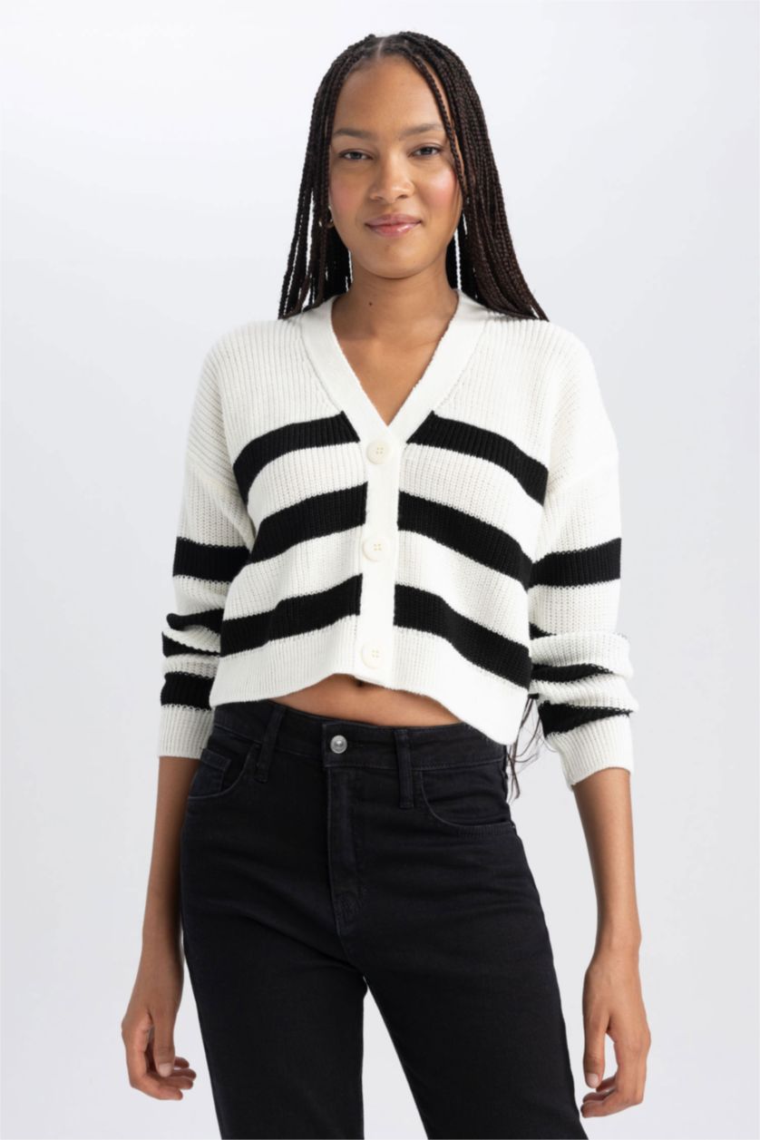Женщины Бежевый Кардиган в полоску с V-образным вырезом