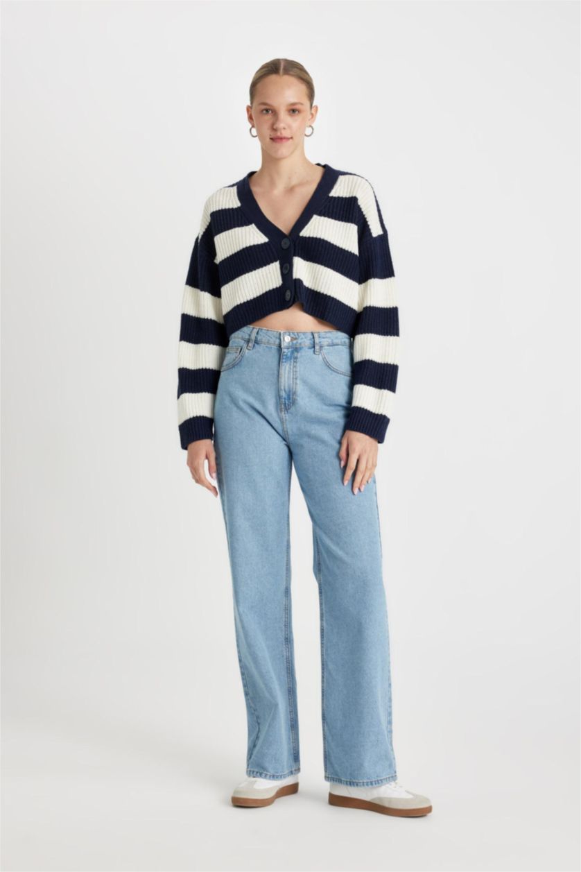 Женщины Синий Кардиган стандартного кроя с V-образным вырезом