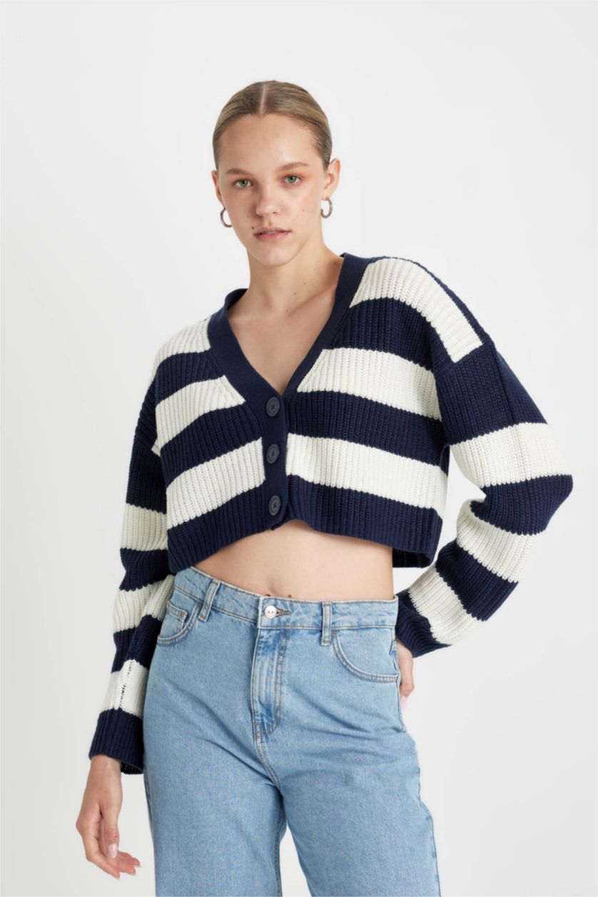 Женщины Синий Кардиган стандартного кроя с V-образным вырезом