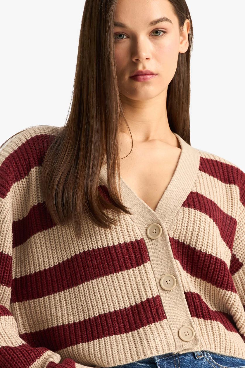 Kadın Bej Regular Fit V Yaka Çizgili Düğmeli Triko Hırka