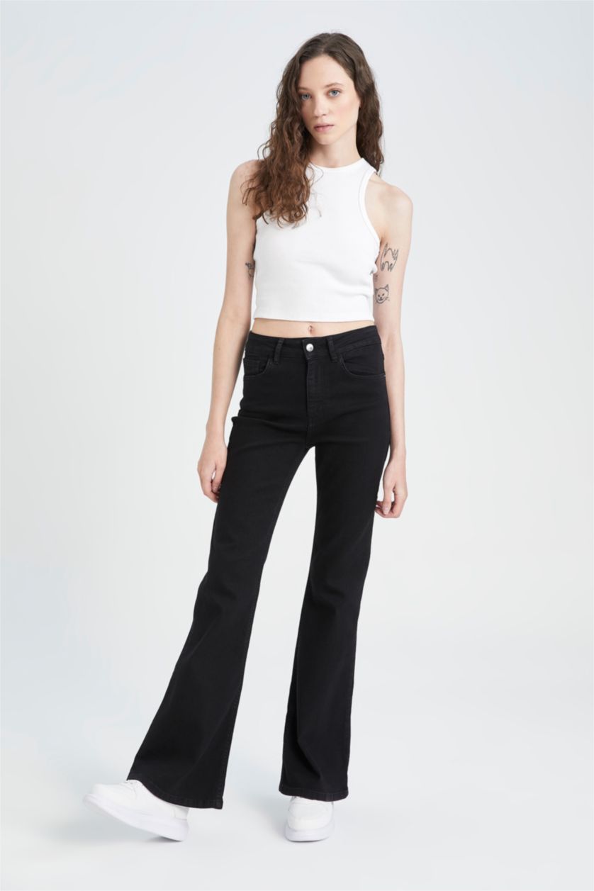 Kadın Siyah Normal Bel Flare Fıt Pantolon