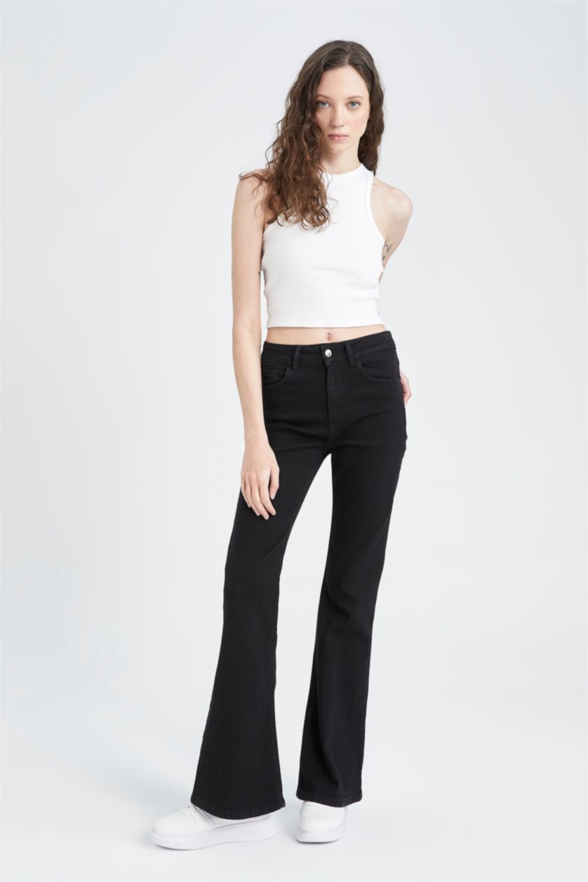 Kadın Siyah Normal Bel Flare Fıt Pantolon
