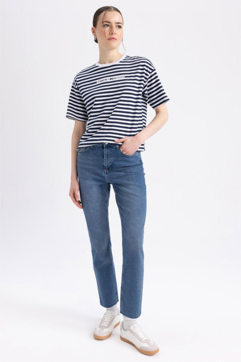 Kadın Koyu Mavi Yüksek Bel Vintage Straight Fit Pantolon