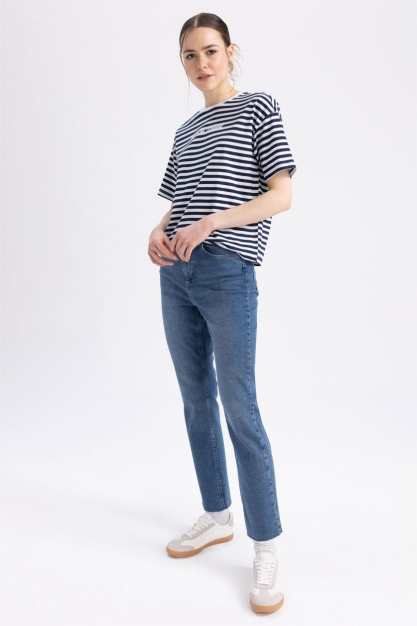 Kadın Koyu Mavi Yüksek Bel Vintage Straight Fit Pantolon