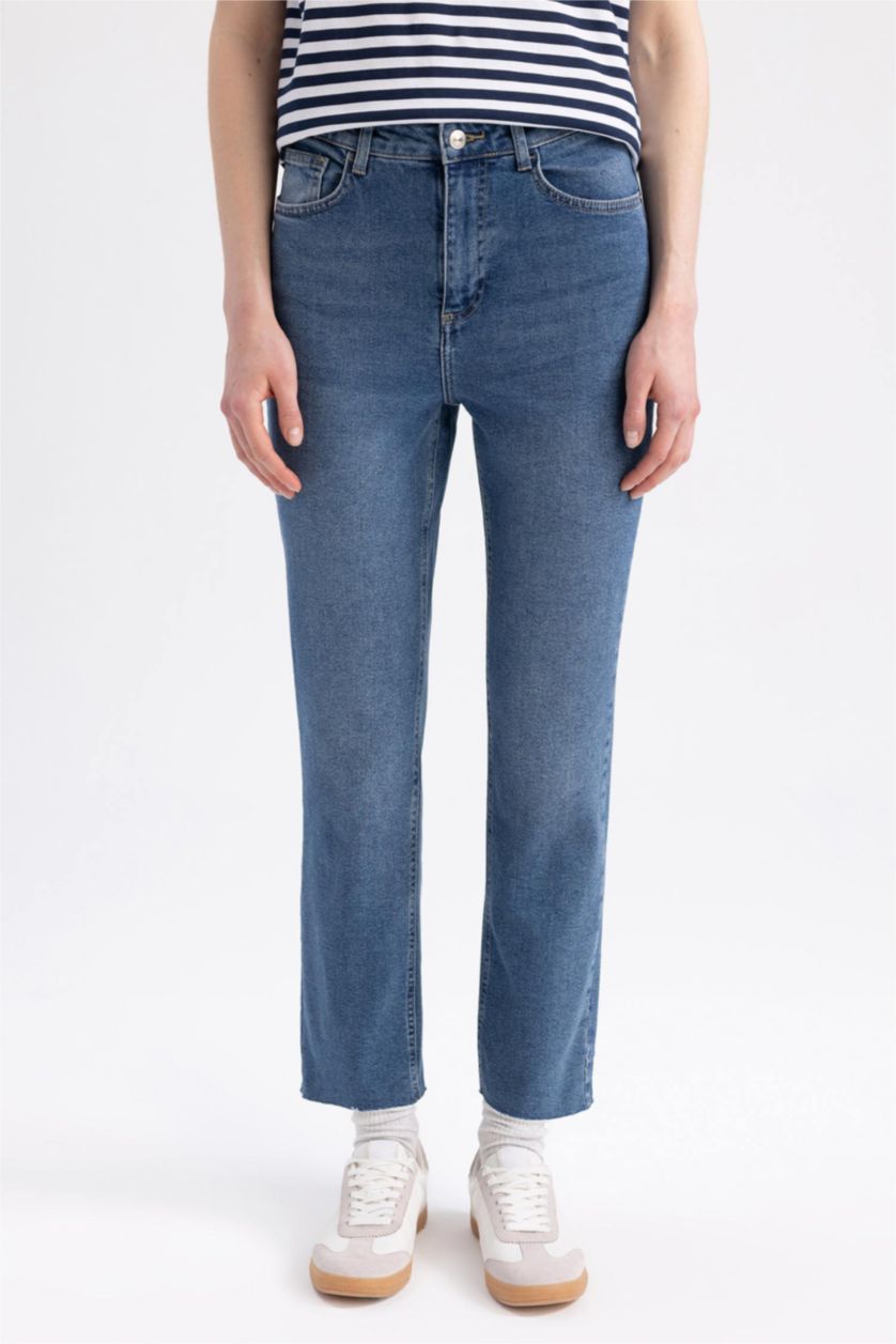 Kadın Koyu Mavi Yüksek Bel Vintage Straight Fit Pantolon