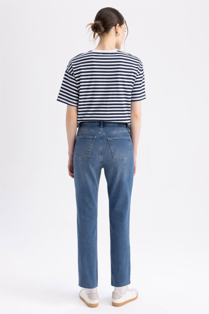 Kadın Koyu Mavi Yüksek Bel Vintage Straight Fit Pantolon