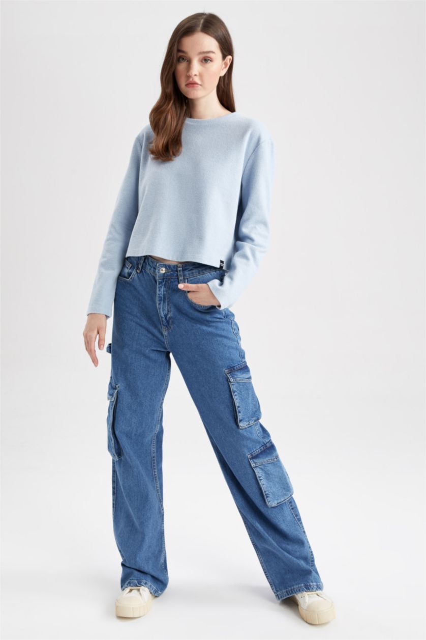 WOMAN Blue Oversize Fit Crew Neck Long Sleeved T-Shirt