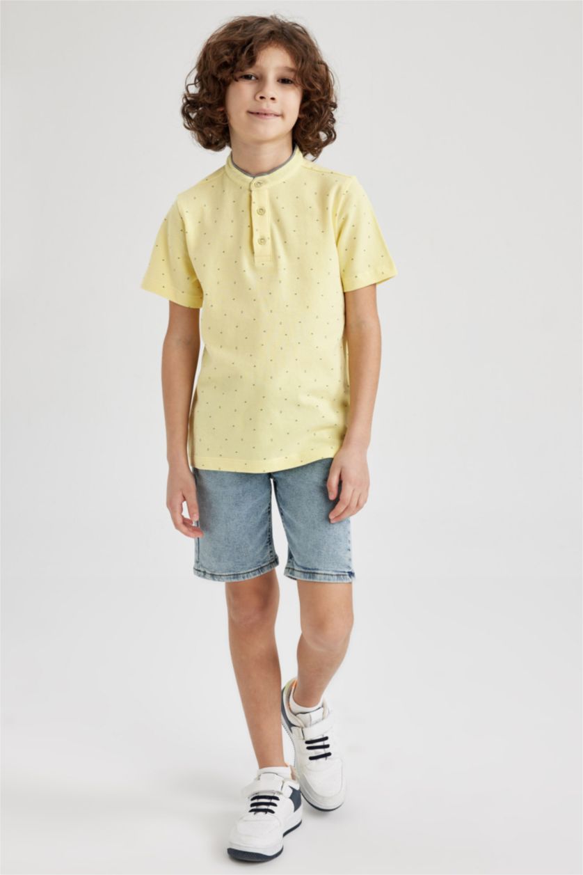 GARÇONS Jaune Garçon Piquer Col De Bande T-Shirt Polo À Manches Courtes