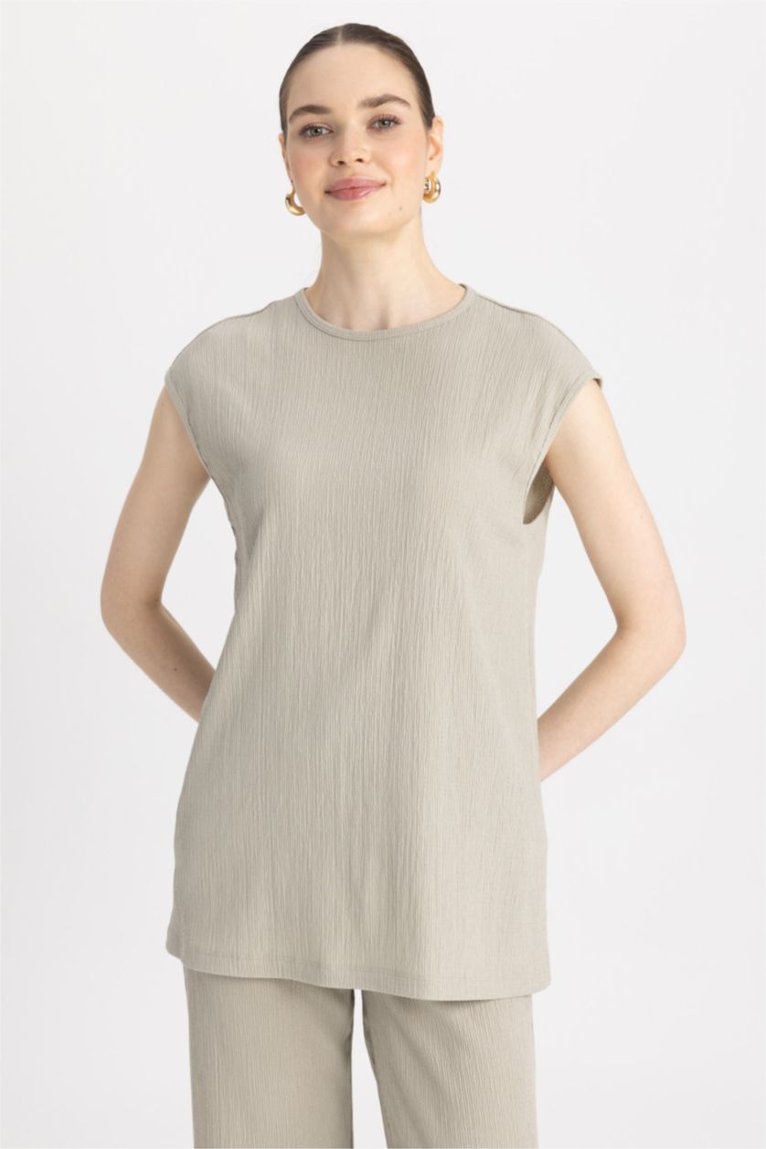 WOMAN Light Khaki Regular Fit Crew Neck Sleeveless Tunic
