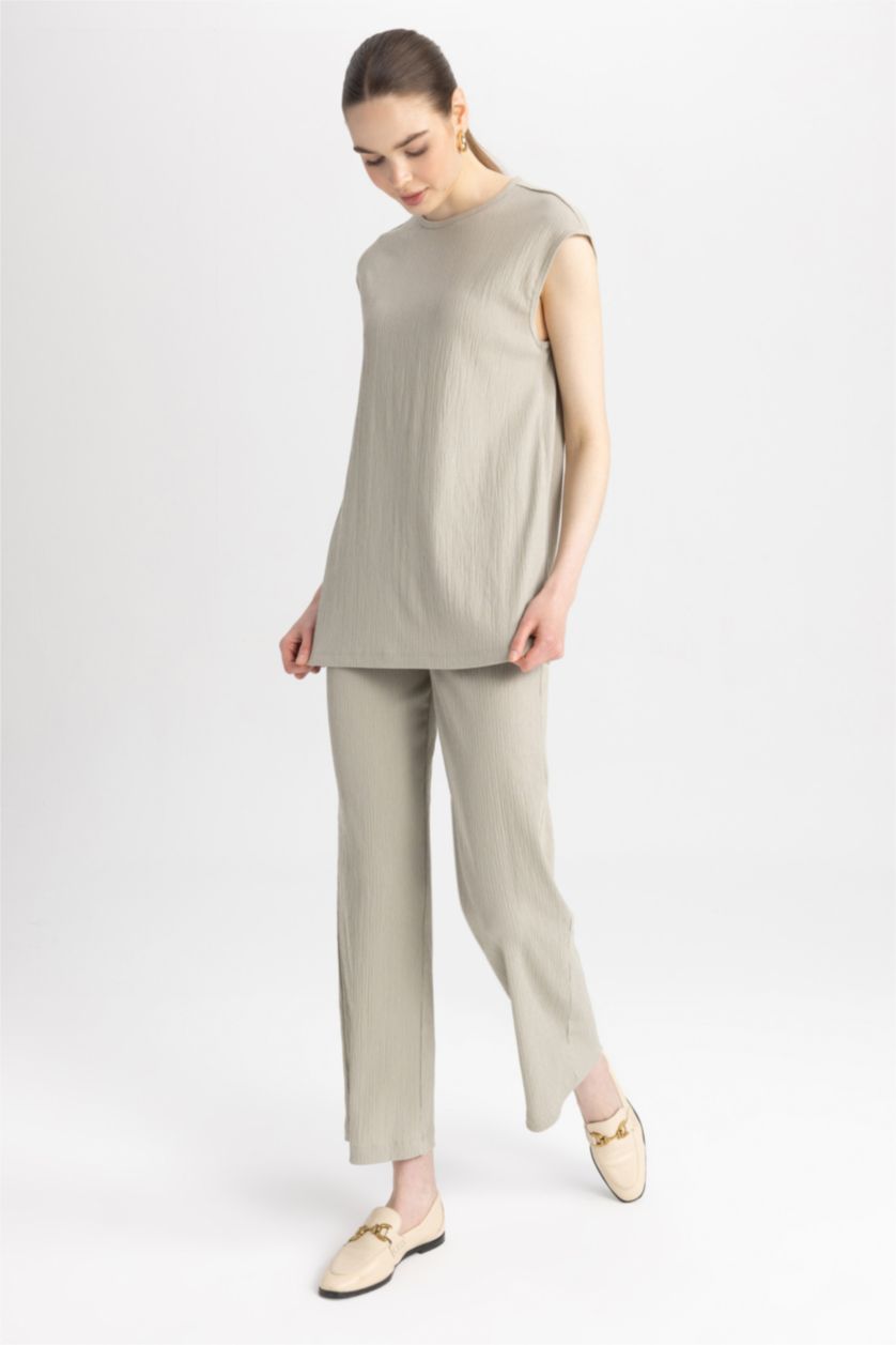 WOMAN Light Khaki Regular Fit Crew Neck Sleeveless Tunic