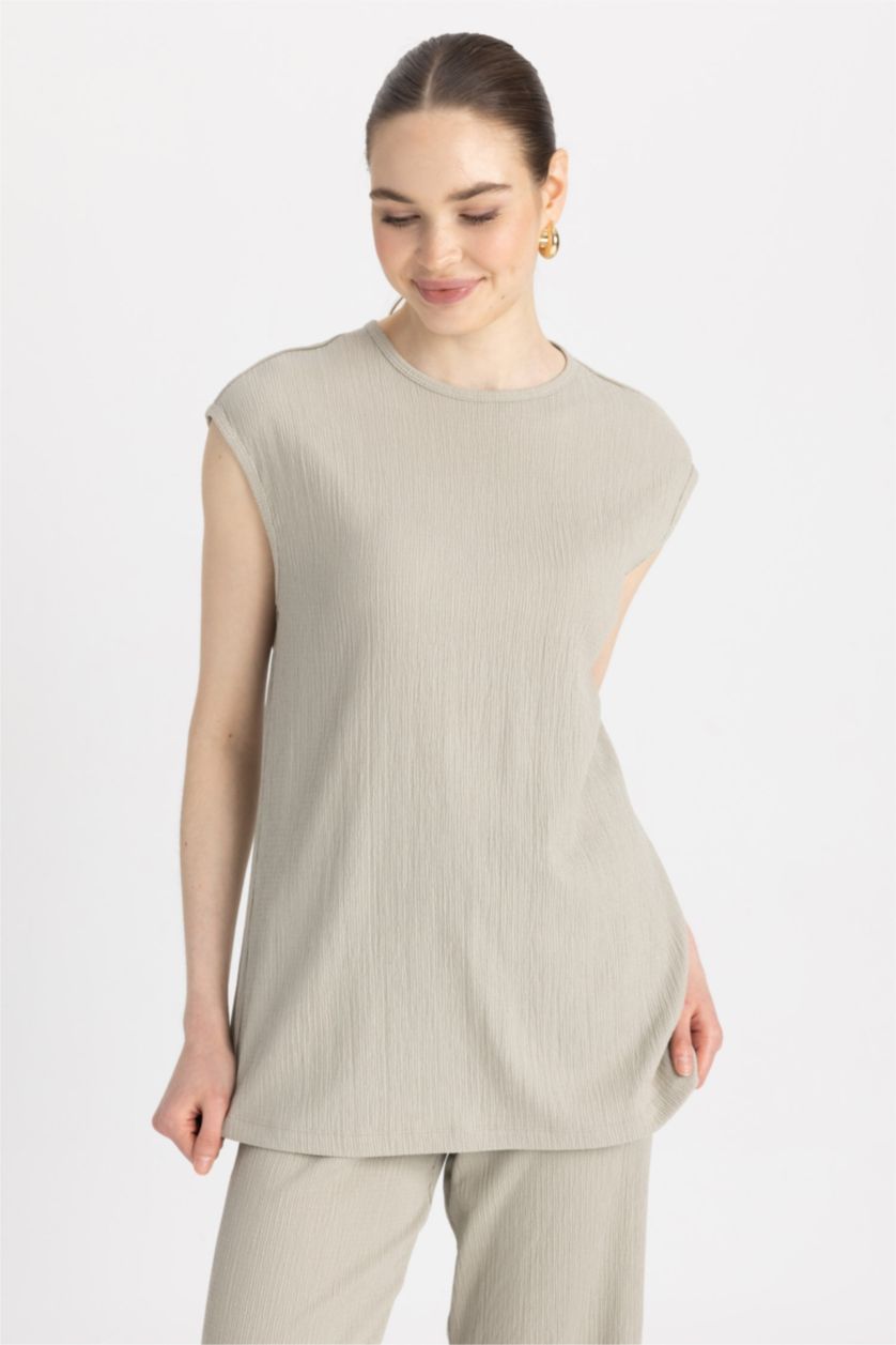 WOMAN Light Khaki Regular Fit Crew Neck Sleeveless Tunic