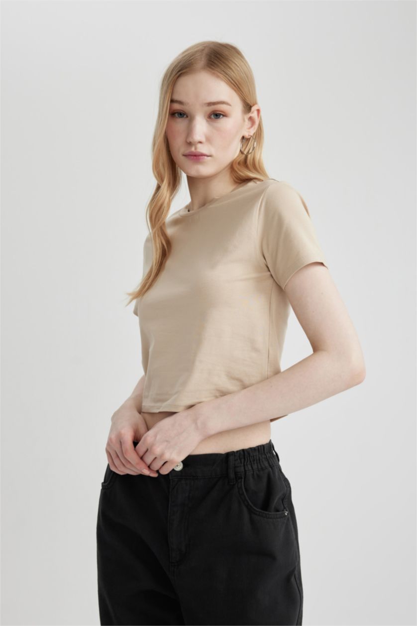 نساء بيج تيشيرت نص كم سليم فيت