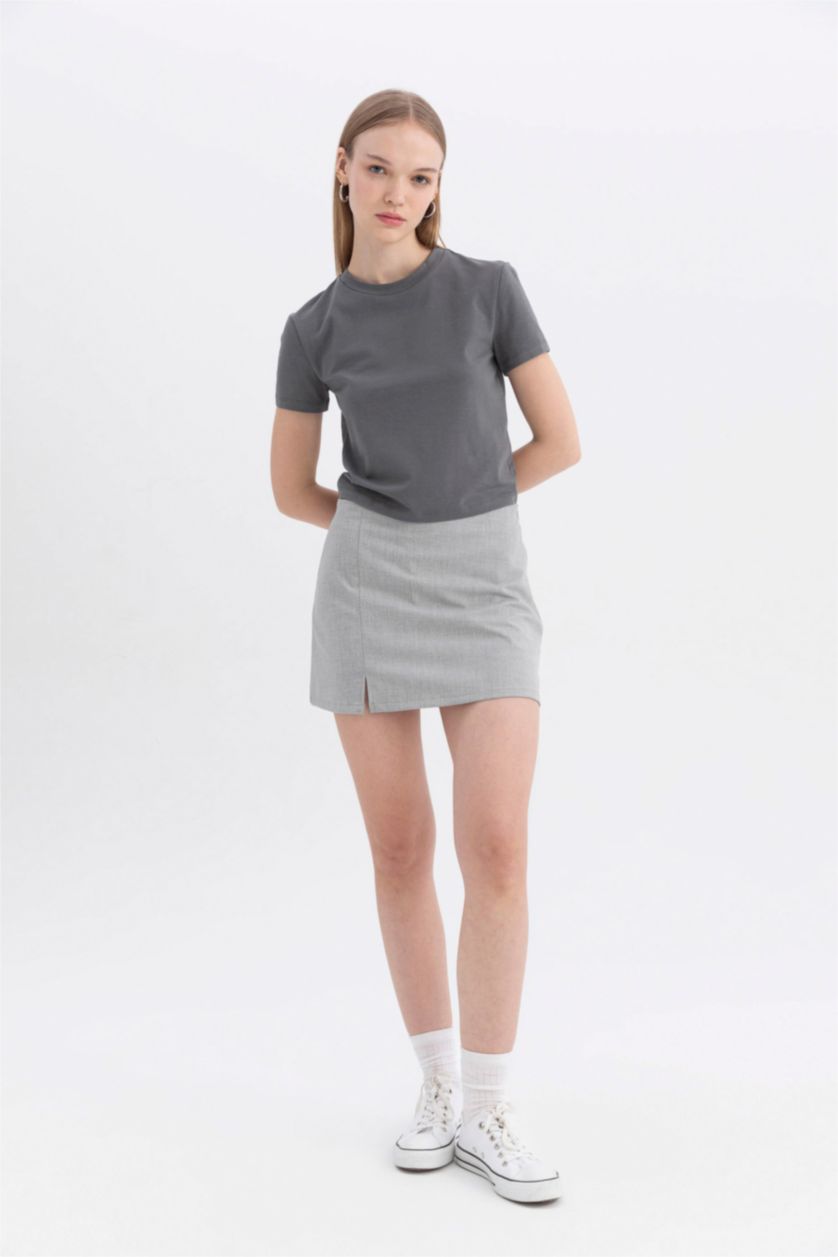 Kadın Gri Fitted Bisiklet Yaka Basic Tişört