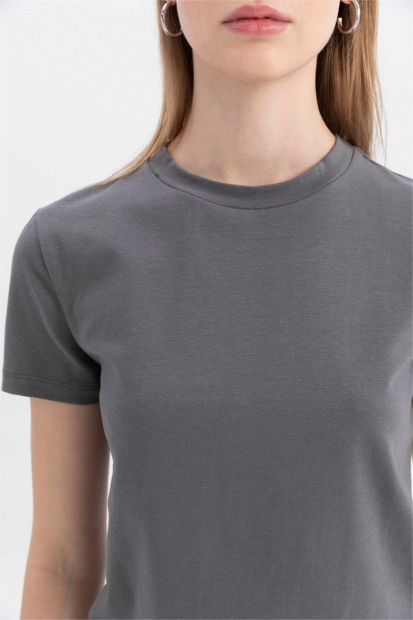 Kadın Gri Fitted Bisiklet Yaka Basic Tişört